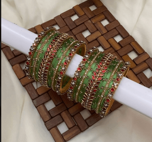 Handcrafted green and gold silk thread bangles