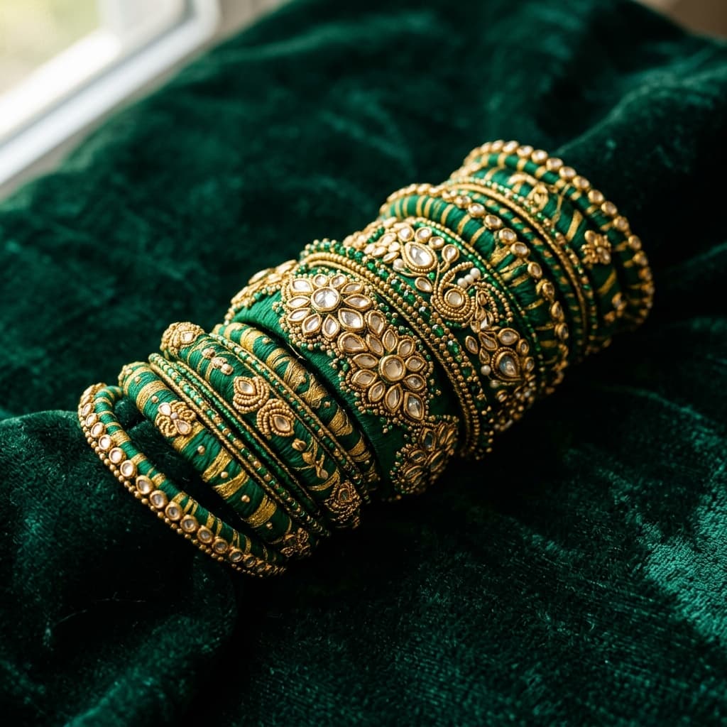 Handcrafted green and gold silk thread bangles