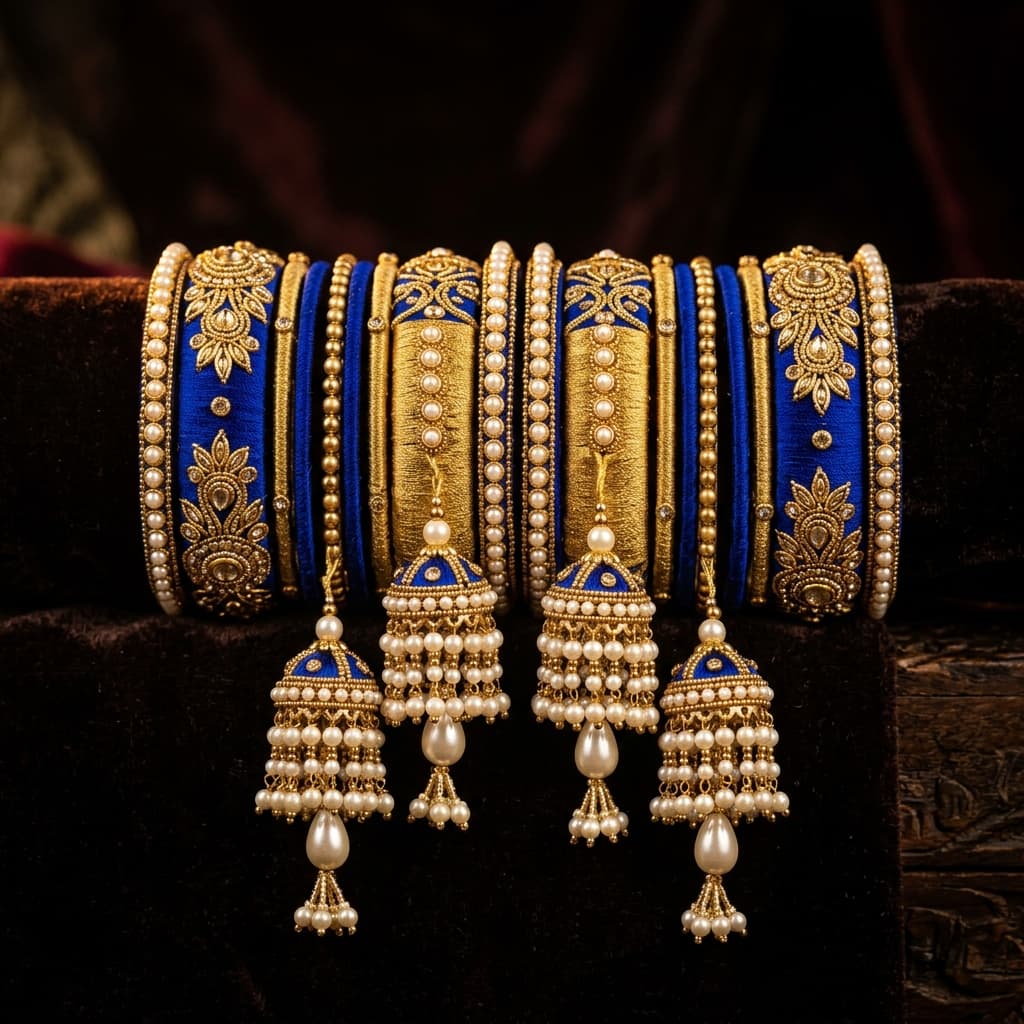 Royal blue and gold silk thread bangles